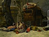 Peeter Boel Canvas Paintings - Still Life with Dead Game and Songbirds in the Snow